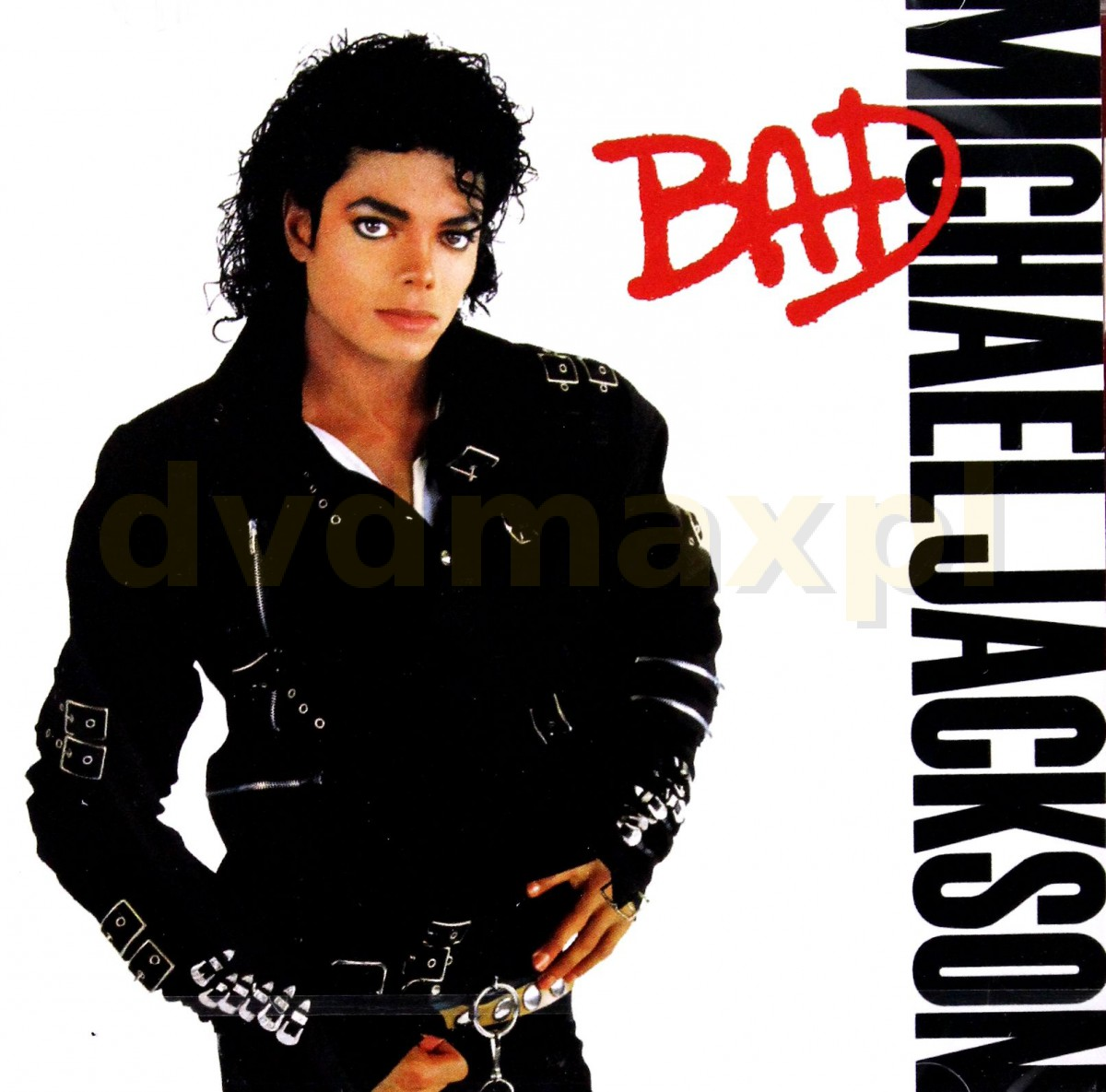 Michael Jackson albumhoes, "Bad", met Michael Jackson in een zwarte leren jas en de titel.
