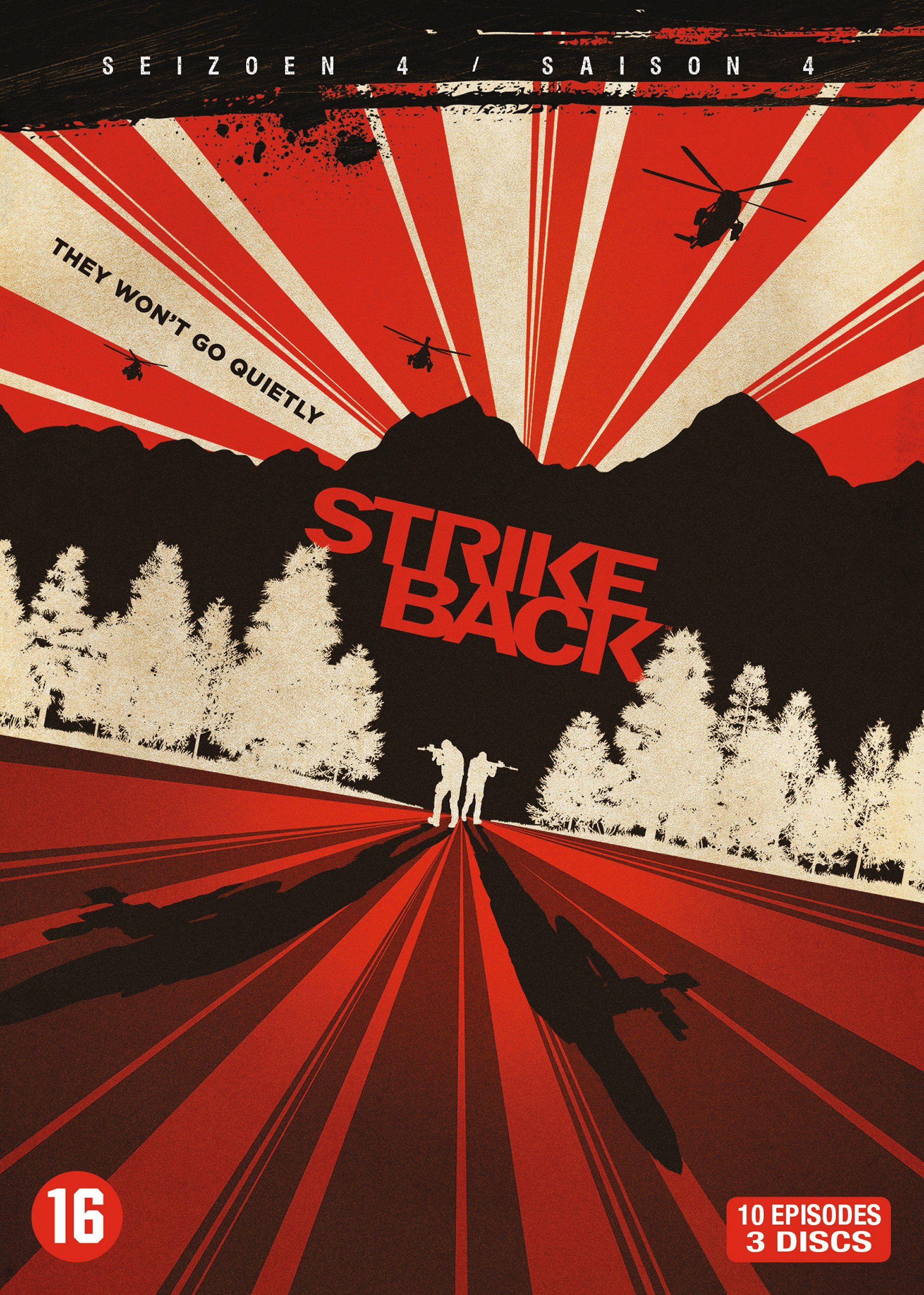 Strike Back DVD case with a red background, two people, helicopters, and text.