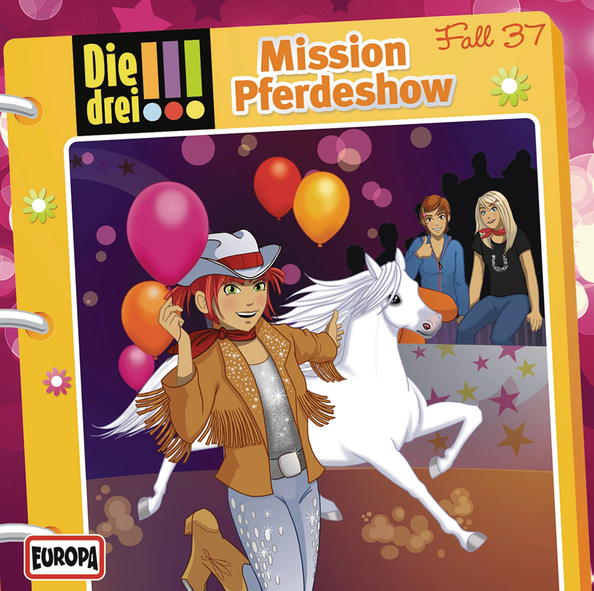 Cartoon-Cover eines Kinderbuchs. Ein Mädchen und ein weißes Pferd. Ballons und Sterne sind vorhanden.