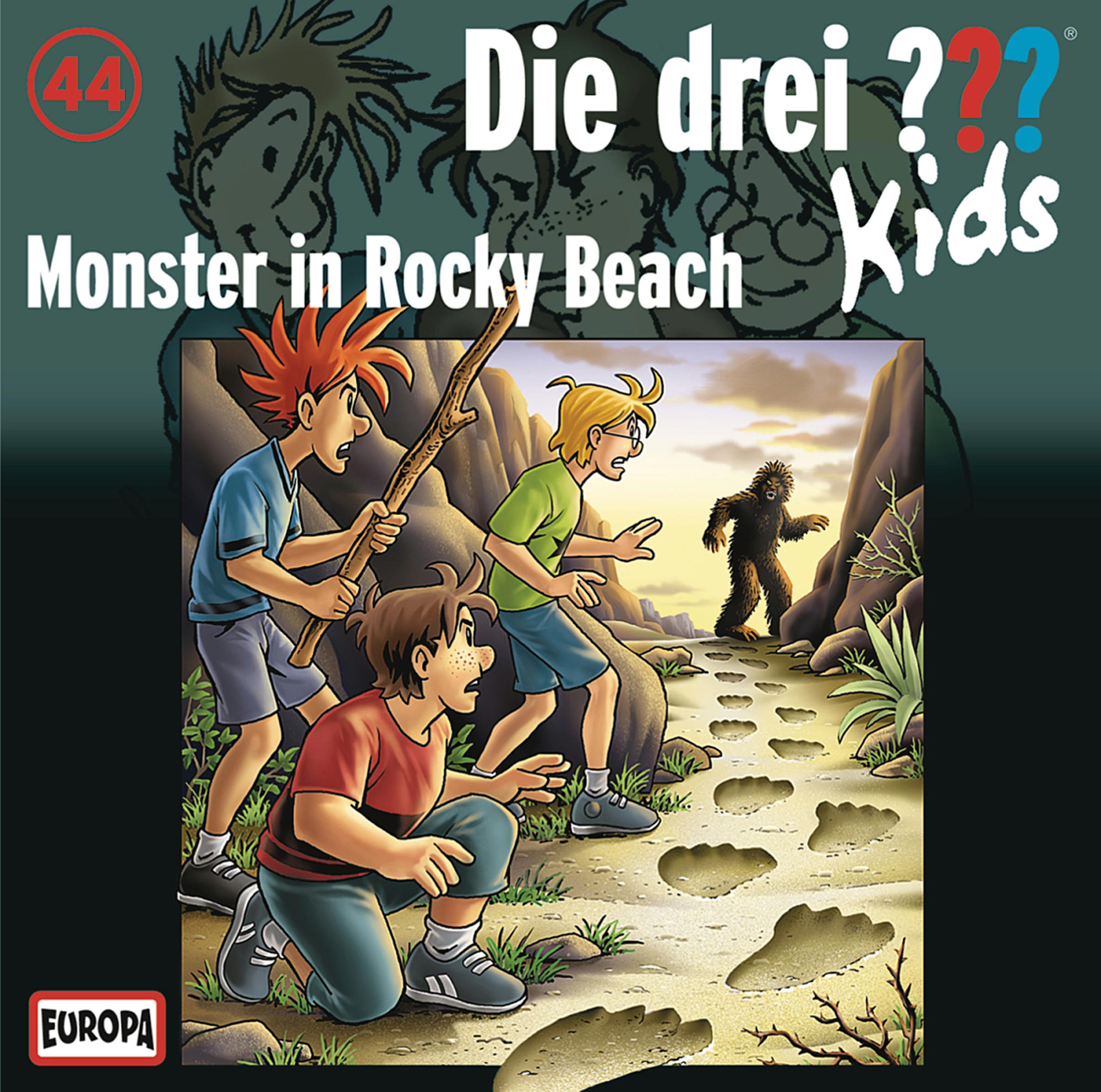 Cover von 'Die drei ??? Kids' mit drei Kindern, einem Monster und Fußabdrücken.