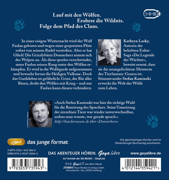 Buchcover. Text auf Deutsch. Wölfe. Landschaft mit Bäumen. Autorenfoto.