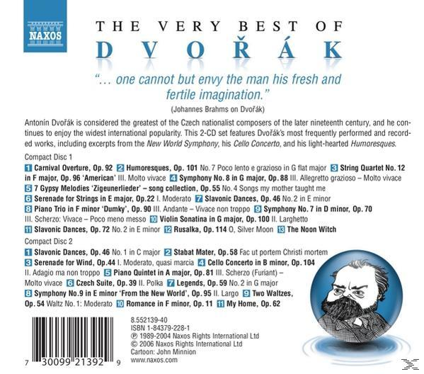 Rückseite der Dvořák-CD. Text: 'The Very Best of Dvořák'. Enthält Titelliste und ein Porträt eines Mannes.