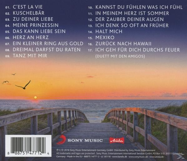 Holzbrücke über Wasser bei Sonnenuntergang mit Text und CD-Cover-Details.
