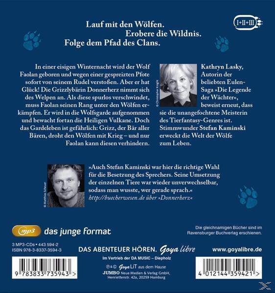 Buchcover mit Text, zwei Porträts und einer Wolfsillustration.