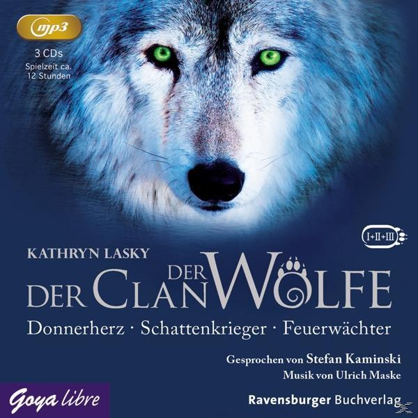 CD-Cover mit Wolfsgesicht. Text: Der Clan der Wölfe und Autorennamen.