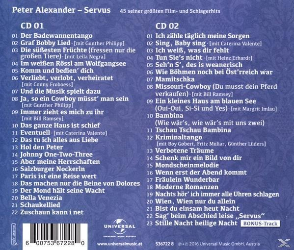 CD-Cover mit Text und Titelliste. Weißer Hintergrund mit Text: Peter Alexander - Servus. CDs sind in einer Reihe.