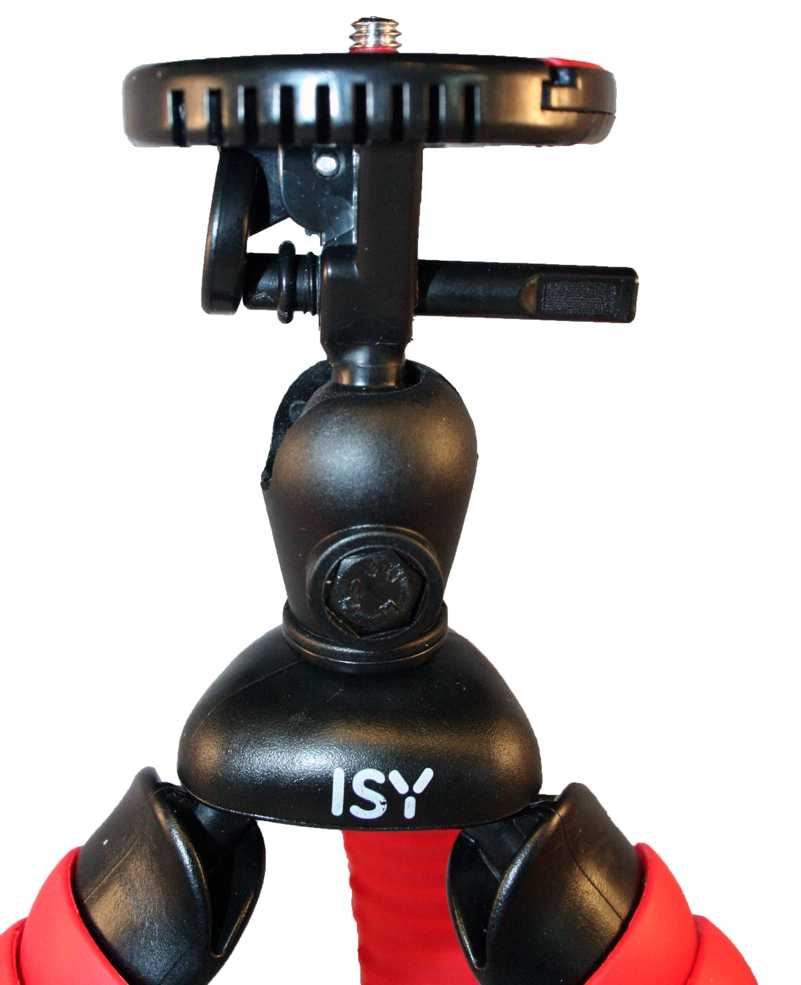 Close up of a black tripod head with a red and black base.