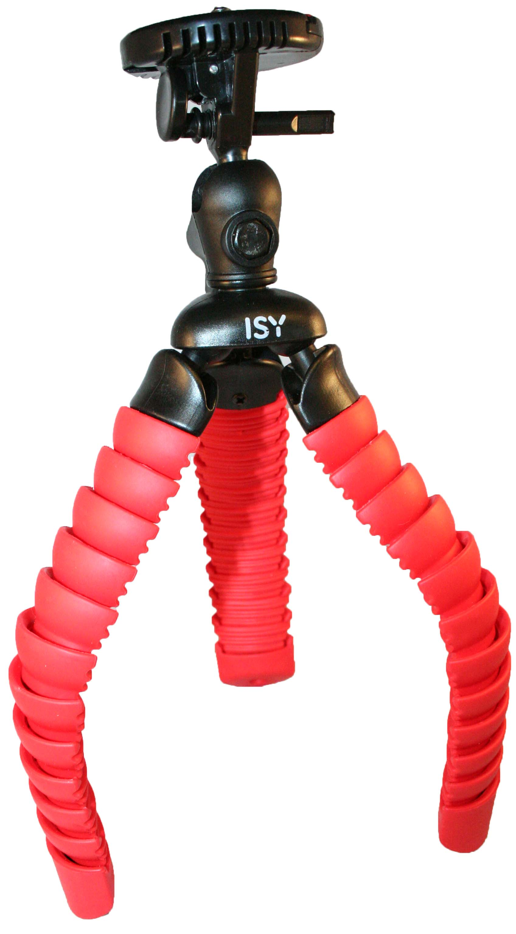 A small red and black tripod with flexible legs. Black head. White background.