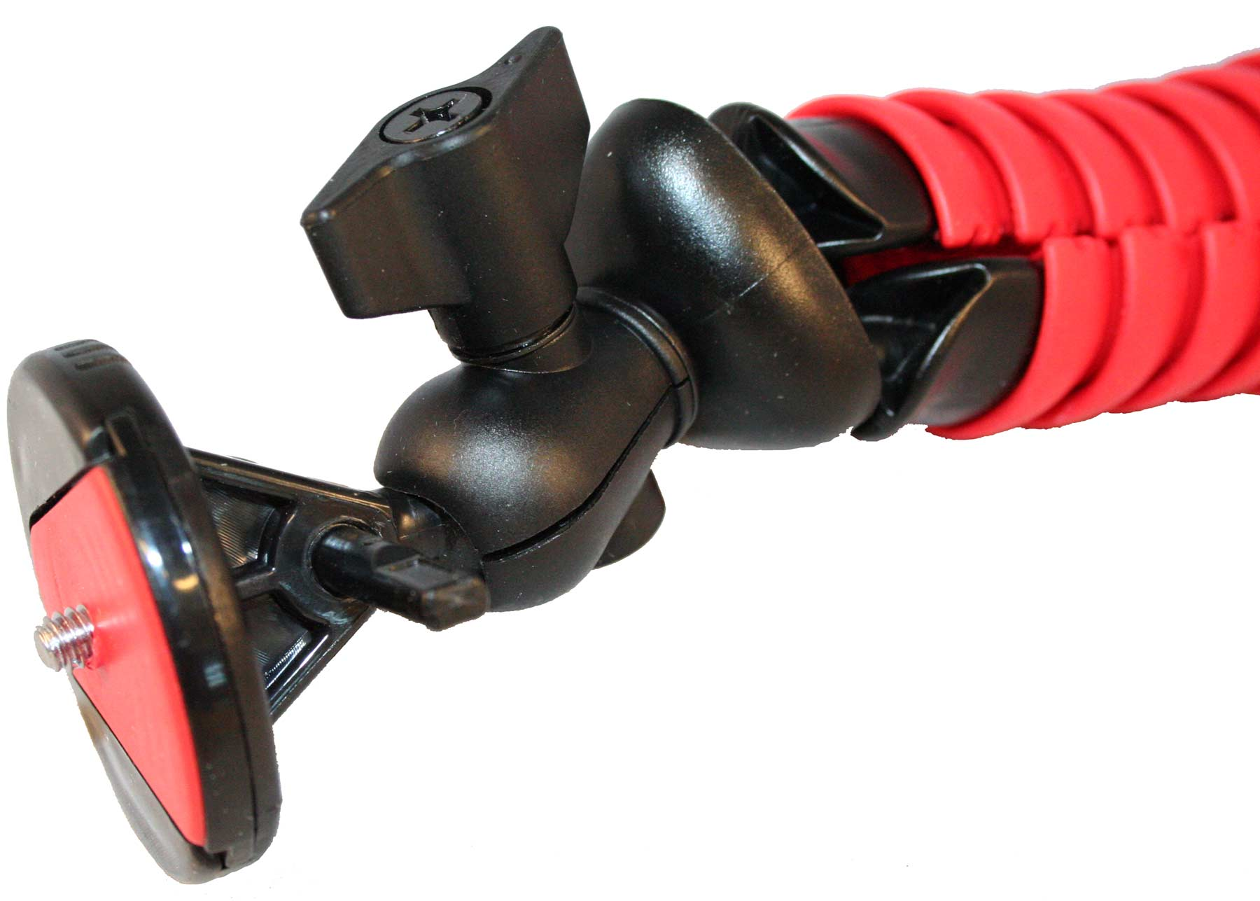 Close-up of a flexible tripod head with a mounting plate and red flex arms.