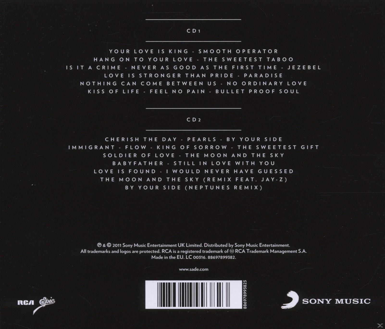 Sade album borító, fekete-fehér. Cím: Sade, két CD számlistájával.