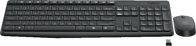 Fekete Logitech billentyűzet és egér készlet szürke háttérrel, Logitech logóval.