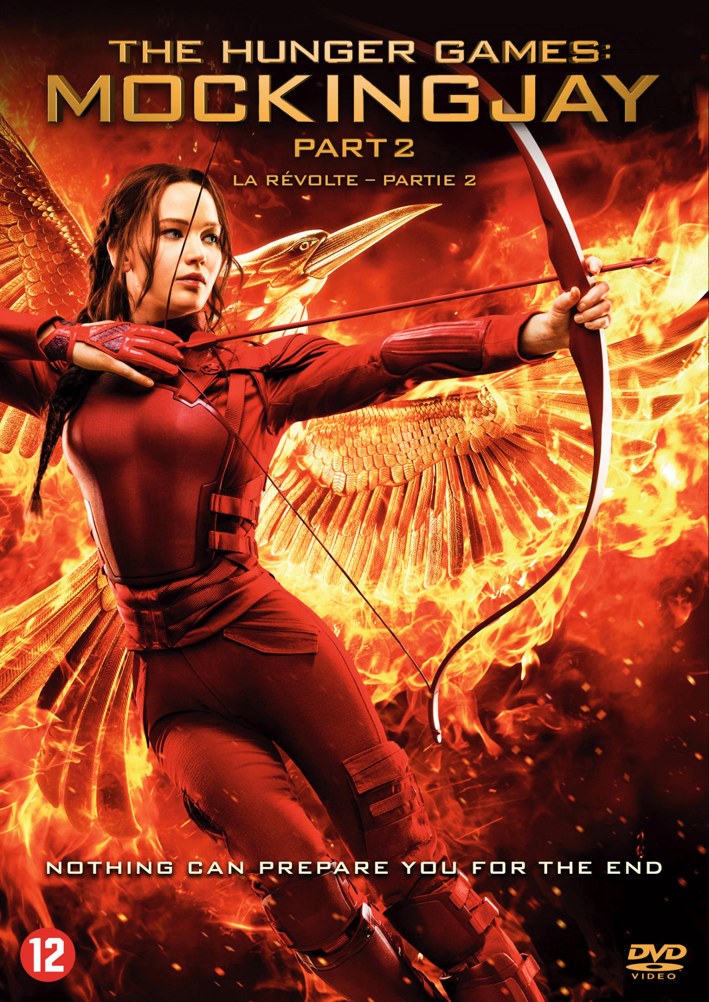 DVD-hoes van The Hunger Games: Mockingjay Part 2. Jennifer Lawrence met een boog en pijl.