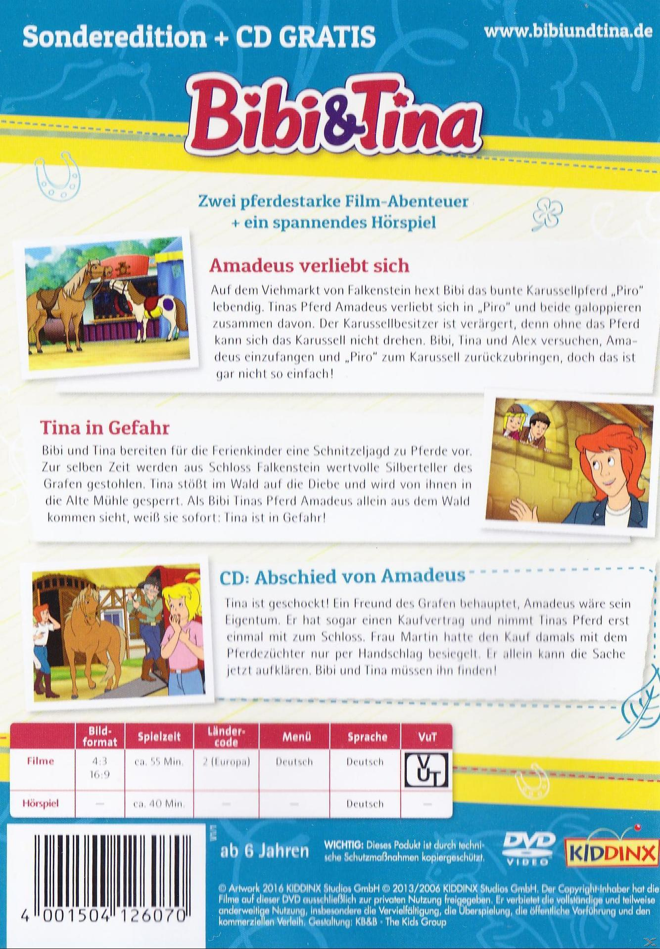 DVD-Cover: Cartoon-Pferd mit zwei Mädchen. Text: "Bibi & Tina". Hintergrund: Waldszene, weißer Hintergrund.