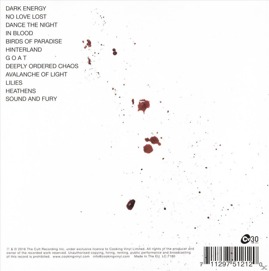 Weißer Hintergrund mit Blutspritzern und Album-Trackliste.
