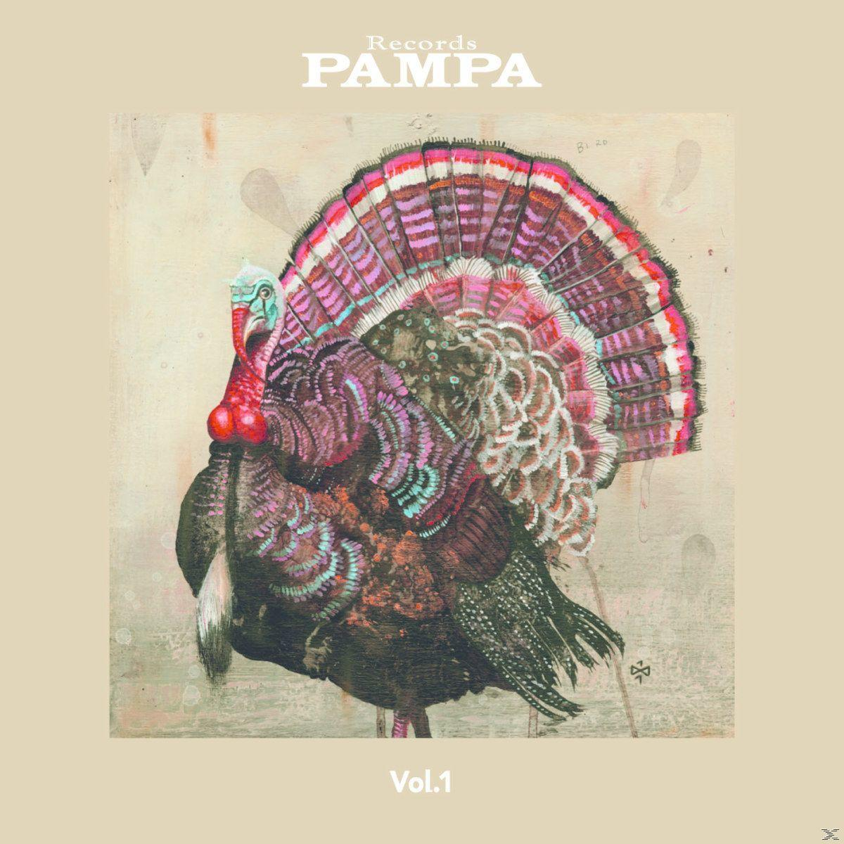 Kunstwerk einer Pute mit aufgefächertem Schwanz, leuchtenden Farben und dem Text "Pampa Records Vol.1".