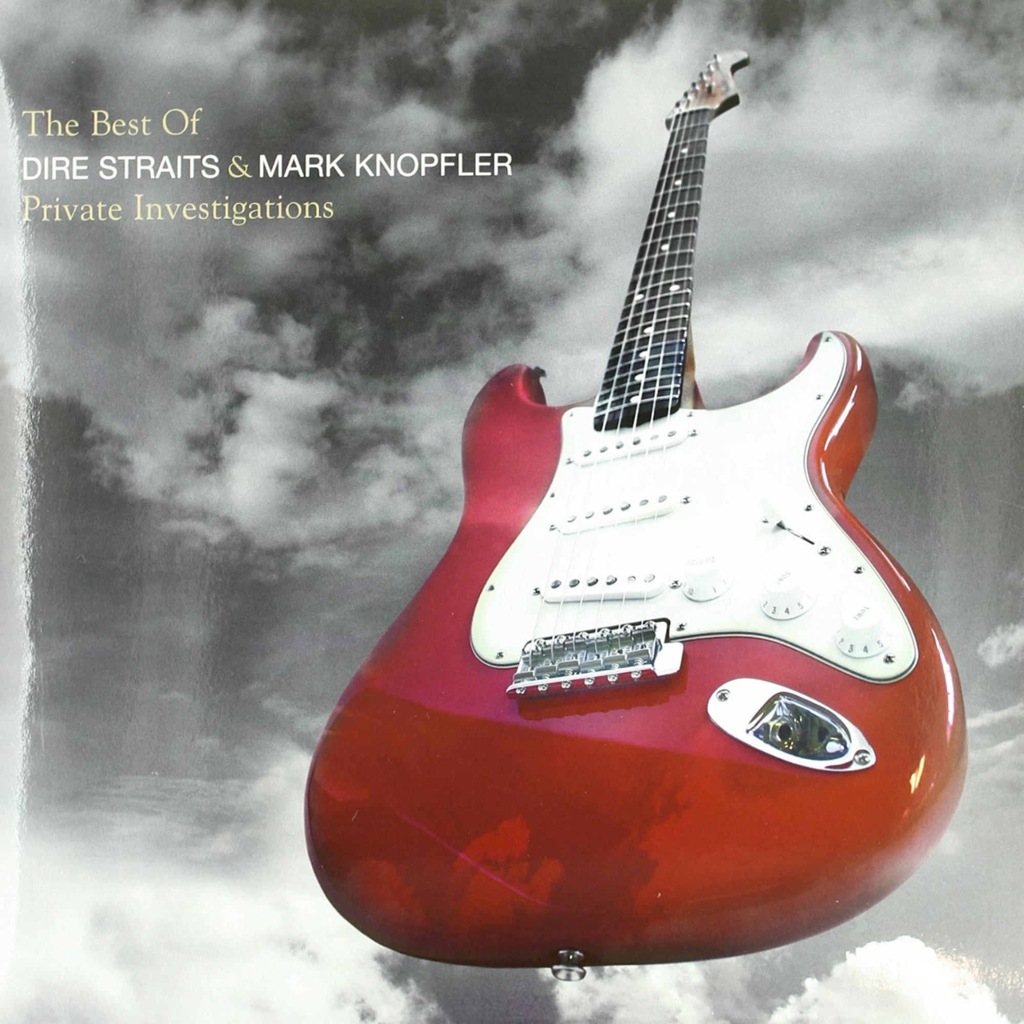 Guitare électrique rouge sur fond nuageux. Couverture de l'album 'The Best Of Dire Straits'.