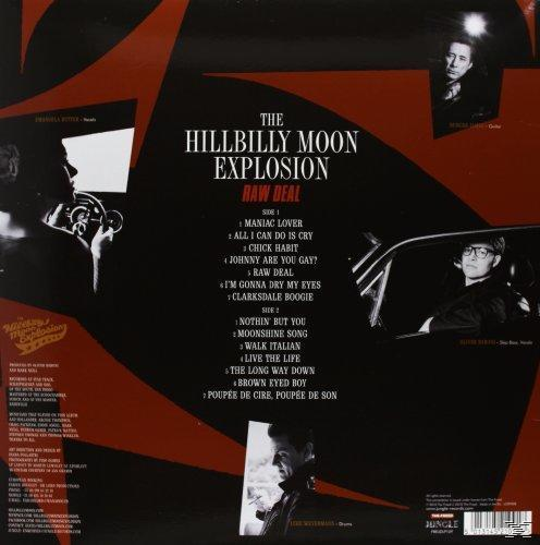 Album borító: 'The Hillbilly Moon Explosion' a zenekar tagjaival, autóval. Fekete-piros design szöveggel.