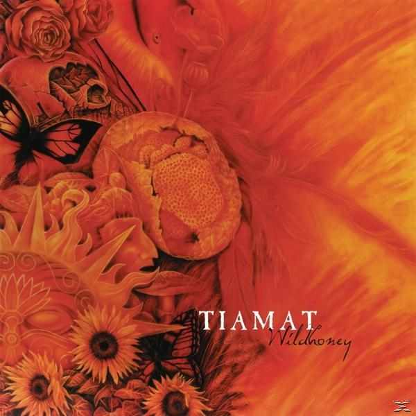 Albumcover: orangefarbener Hintergrund mit Totenkopf, Schmetterling, Blumen, Titel TIAMAT.