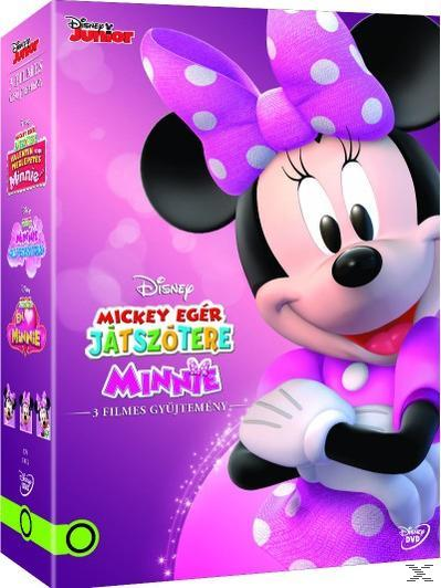 Minnie Mouse DVD-box, rajzfilmfigurákkal és lila háttérrel.