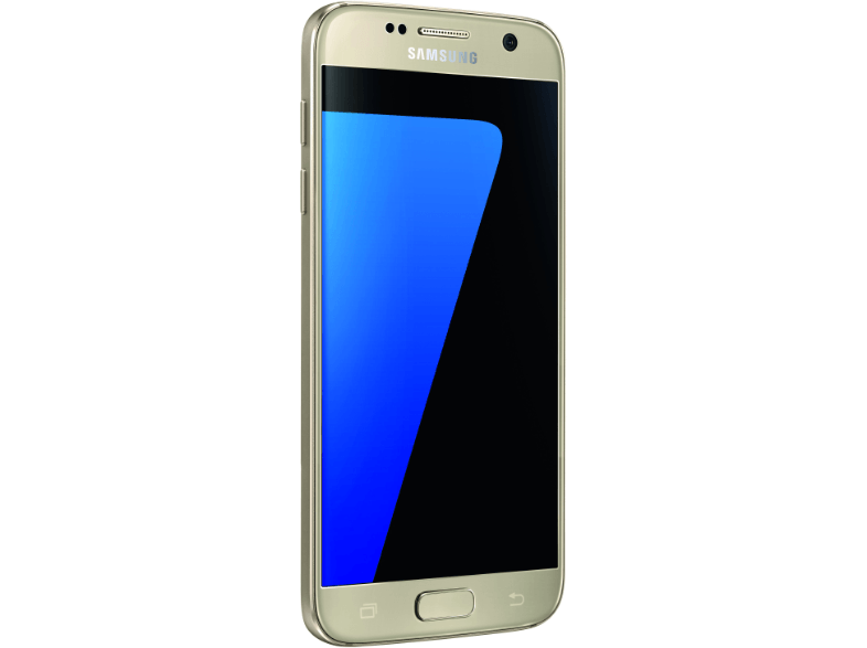 Siyah ekranlı gümüş renkli bir Samsung akıllı telefon. Telefon açılı, yan düğmeleri ve Samsung logosunu gösteriyor.