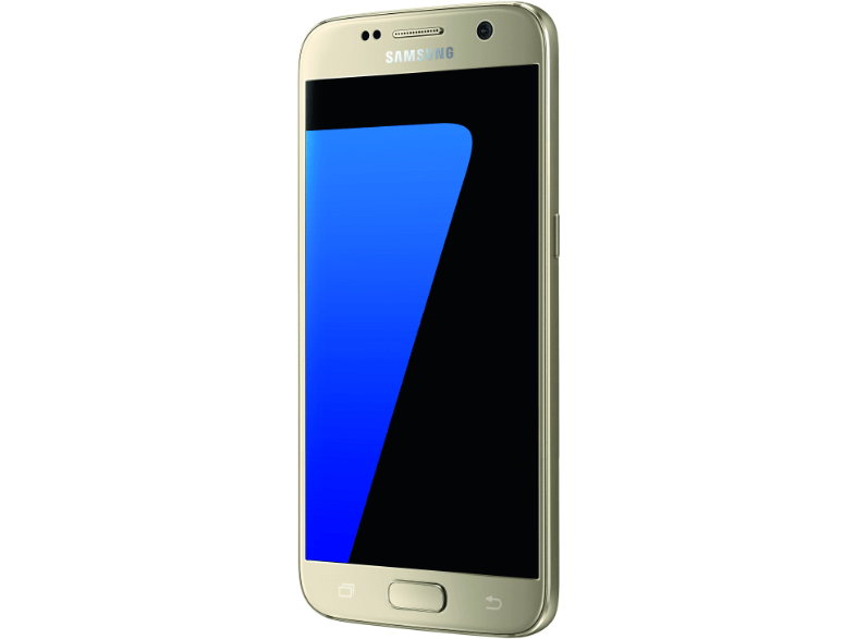 Gümüş renkli bir Samsung akıllı telefon hafifçe açılı gösteriliyor. Ekran siyah ve kapalı. Telefonun altında bir ana ekran düğmesi var.