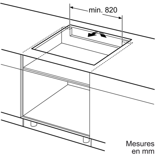 Un schéma d'une table de cuisson. Un rectangle est découpé dans le comptoir et étiqueté avec des mesures.