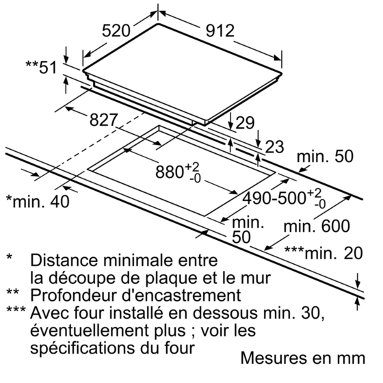 Diagramme montrant les dimensions pour l'installation d'une table de cuisson.