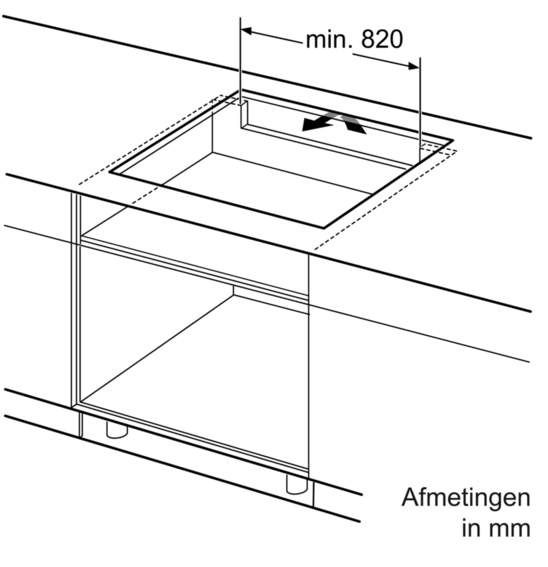 Schéma d'un plan de travail de cuisine avec une découpe carrée pour une table de cuisson à induction. Dimensions en mm.