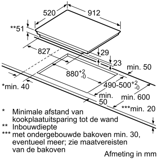 Schéma d'une découpe de table de cuisson. Les dimensions et les mesures sont indiquées sur le schéma.