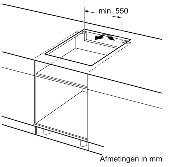 Illustration d'un plan de travail de cuisine avec une table de cuisson et détails de mesures.