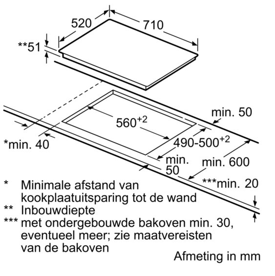 Schéma avec dimensions pour une table de cuisson encastrée. Les mesures sont en millimètres.