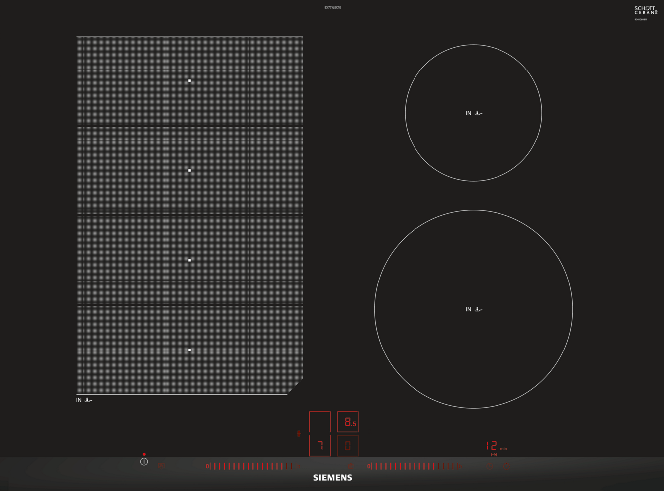 Table de cuisson vitrocéramique noire avec quatre zones de cuisson et deux circulaires. Affichage numérique et logo Siemens.