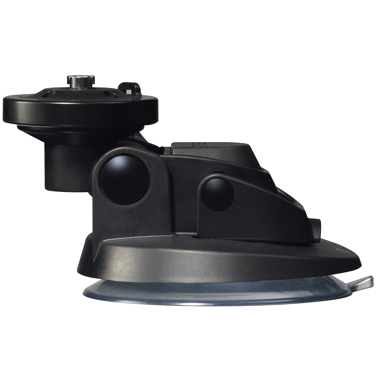 A black suction cup car mount. It has an adjustable arm and a flat base with a suction cup.