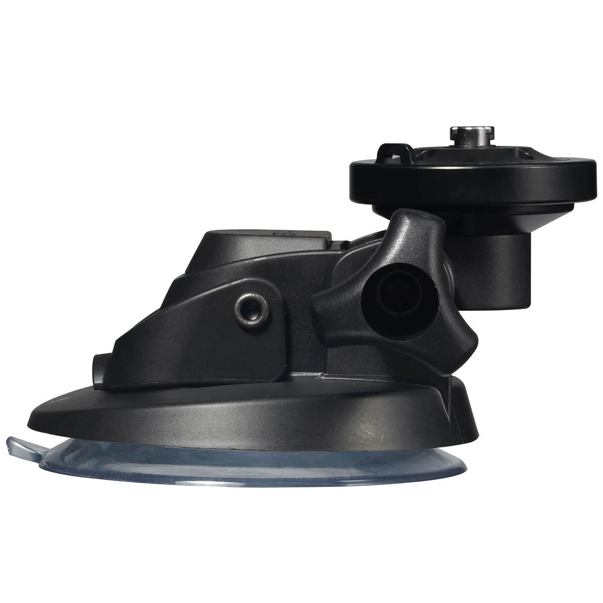 Black car dash camera mount with a suction cup base. It has a ball joint for angle adjustment.