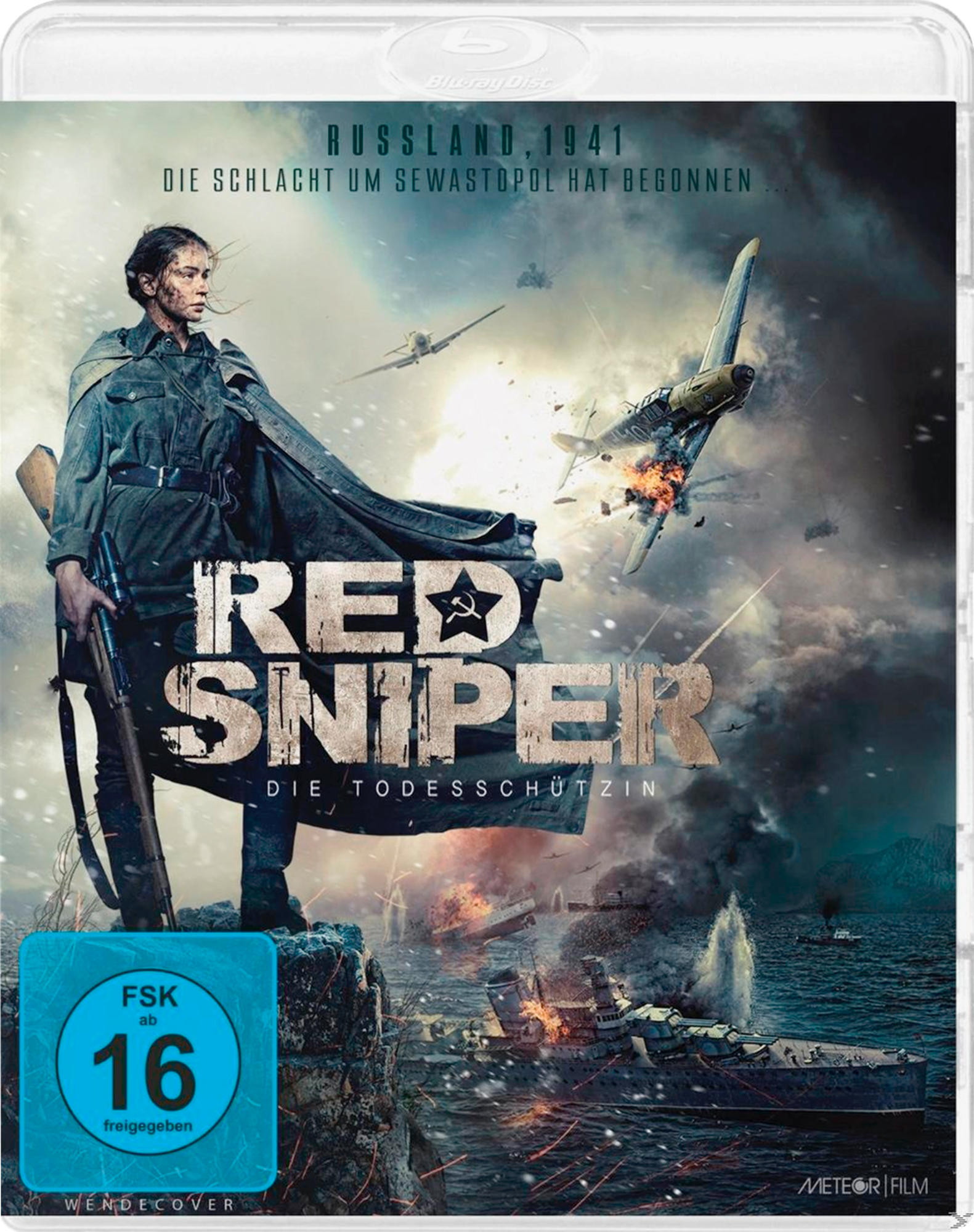 Filmcover mit einer Frau, die ein Gewehr hält, Flugzeugen am Himmel und Schiffen im Wasser; der Titel lautet "RED SNIPER".