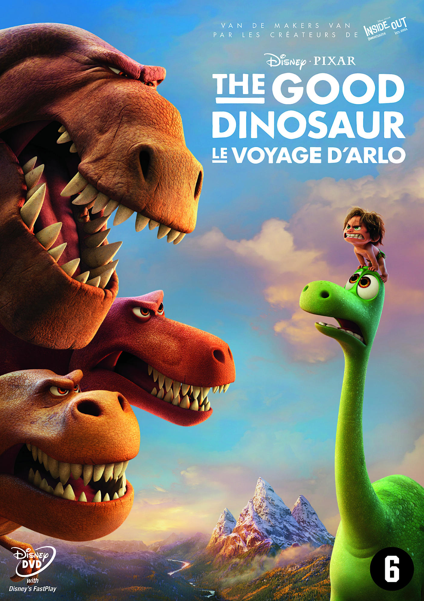 Filmposter met dinosaurussen en mensen. Blauwe lucht en bergachtergrond.