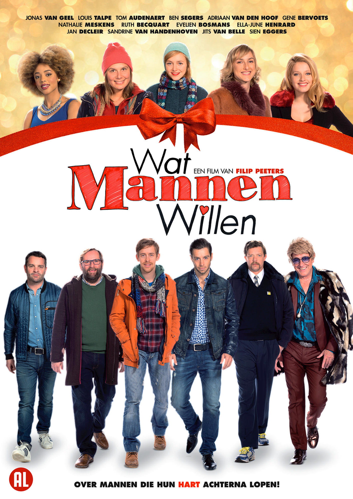 Movie poster for Wat Mannen Willen. Group of men and women in front of a red bow.