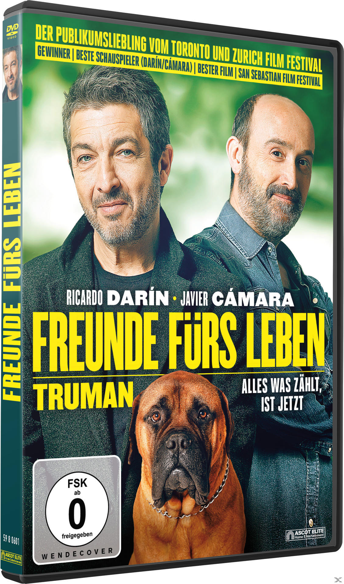 DVD-Cover: Zwei Männer und ein Hund. Titel: 'Freunde fürs Leben'. Enthält Text auf Deutsch.
