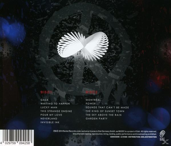 CD-Rückseite mit Friedenszeichen und Text. Die Disc hat eine Titelliste und ein Logo.