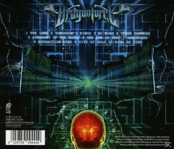 Die Rückseite einer DragonForce Musik-CD. Sie hat Titellisten und ein futuristisches Design.