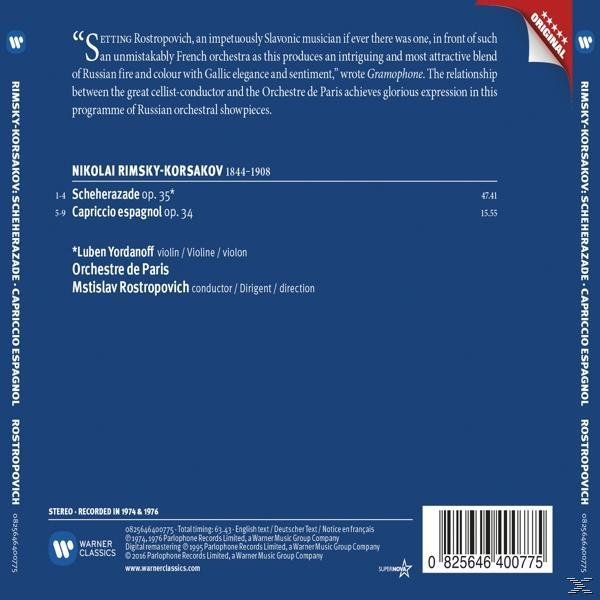 CD-Cover mit Text über eine musikalische Darbietung von Rimsky-Korsakov. Text in Englisch und Französisch.