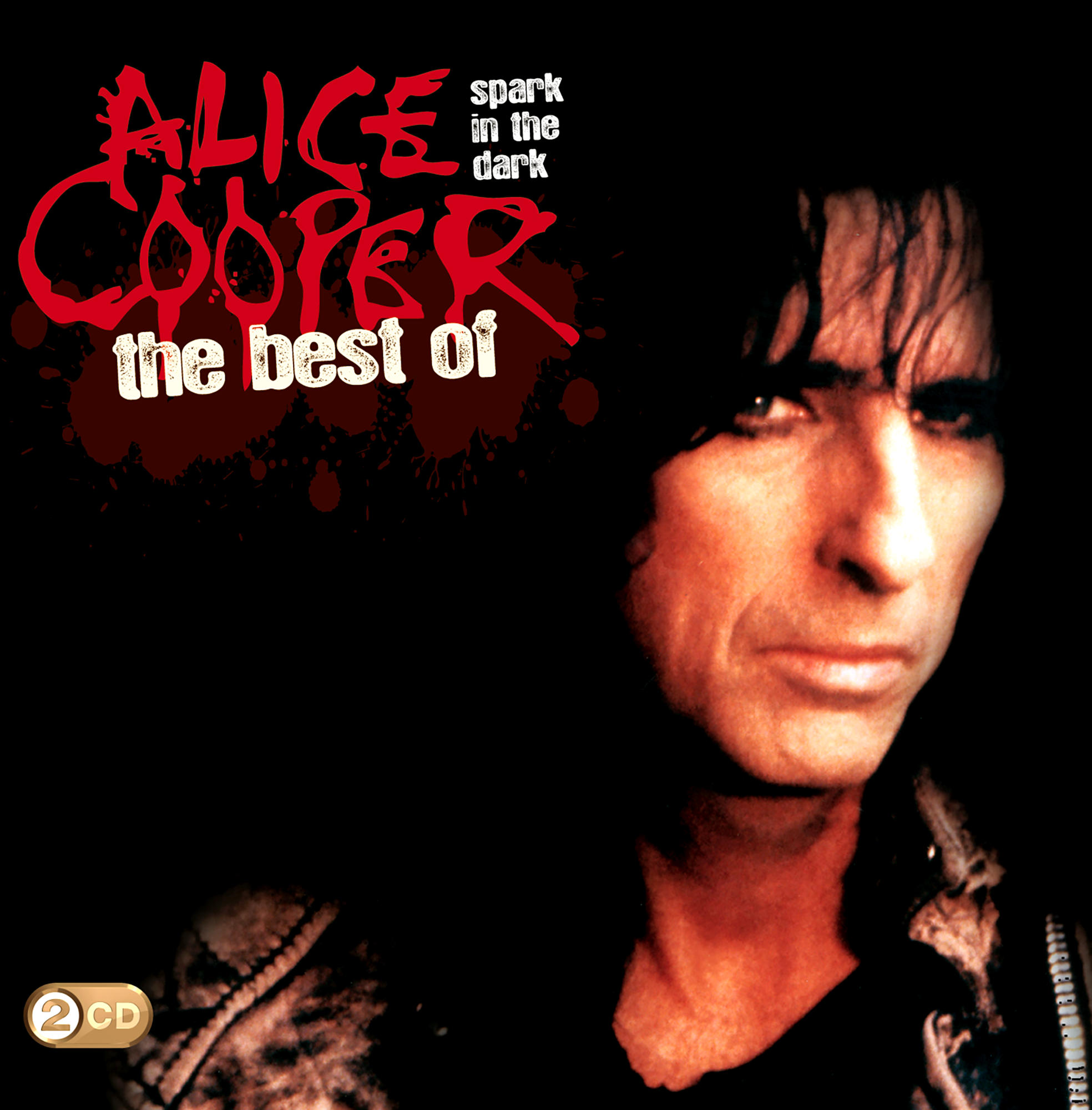 Alice Cooper Albumcover. Text: 'Alice Cooper the best of', rot und weiß. Coopers Gesicht ist rechts.
