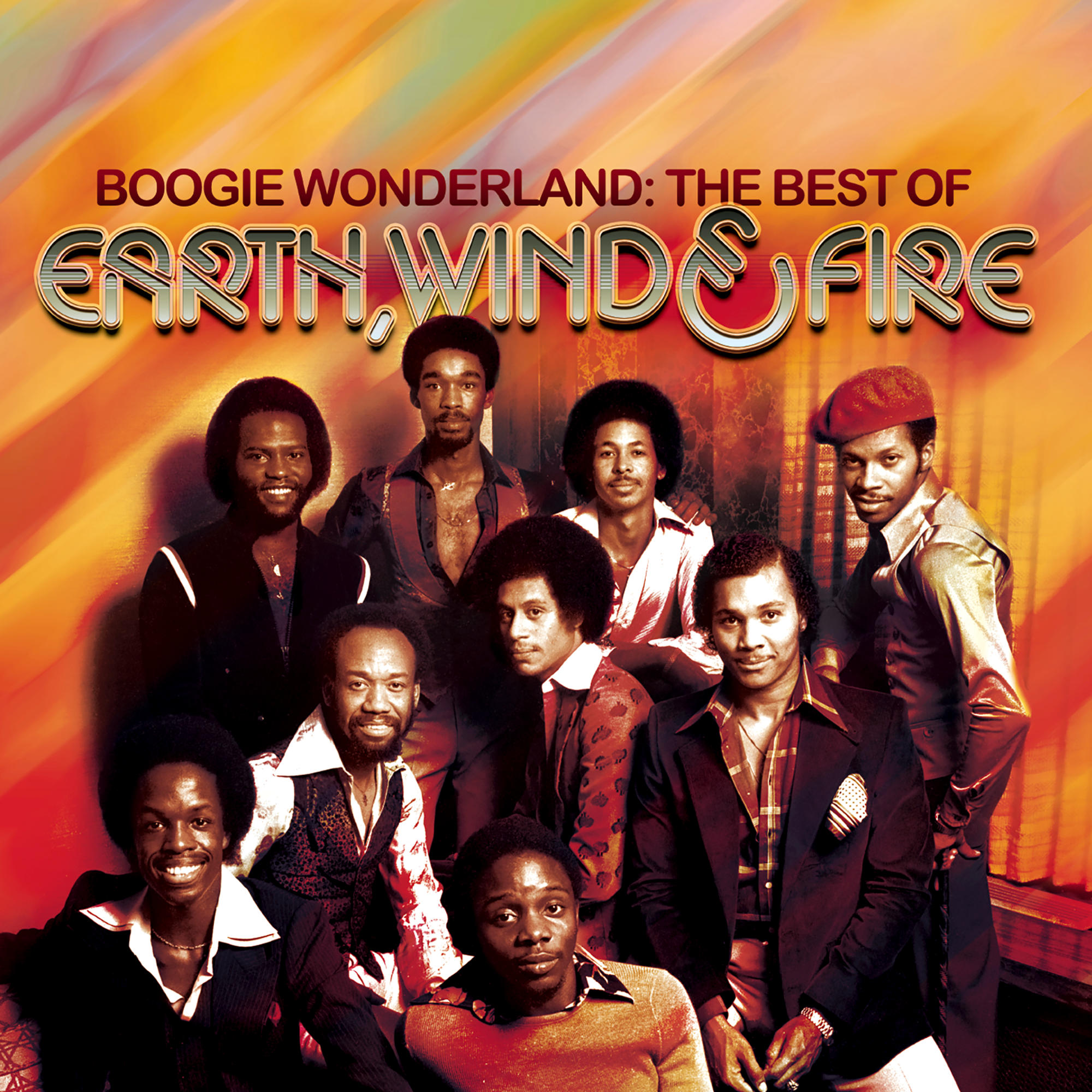 Albumcover für 'Boogie Wonderland: The Best of Earth, Wind & Fire'. Zeigt Bandmitglieder in Anzügen.