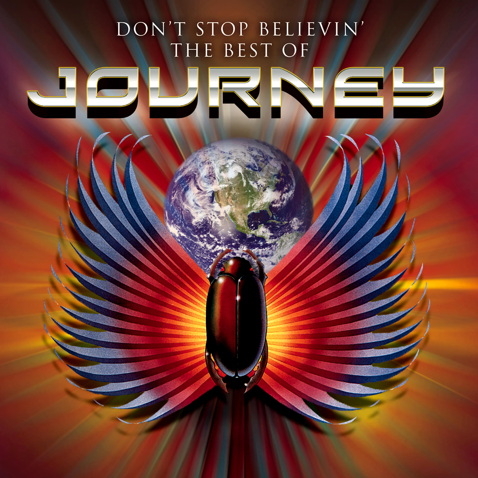 Albumcover-Artwork. Ein Globus mit einem Käfer und Flügeln. Die Worte 'Don't Stop Believin' und 'Journey' sind sichtbar.