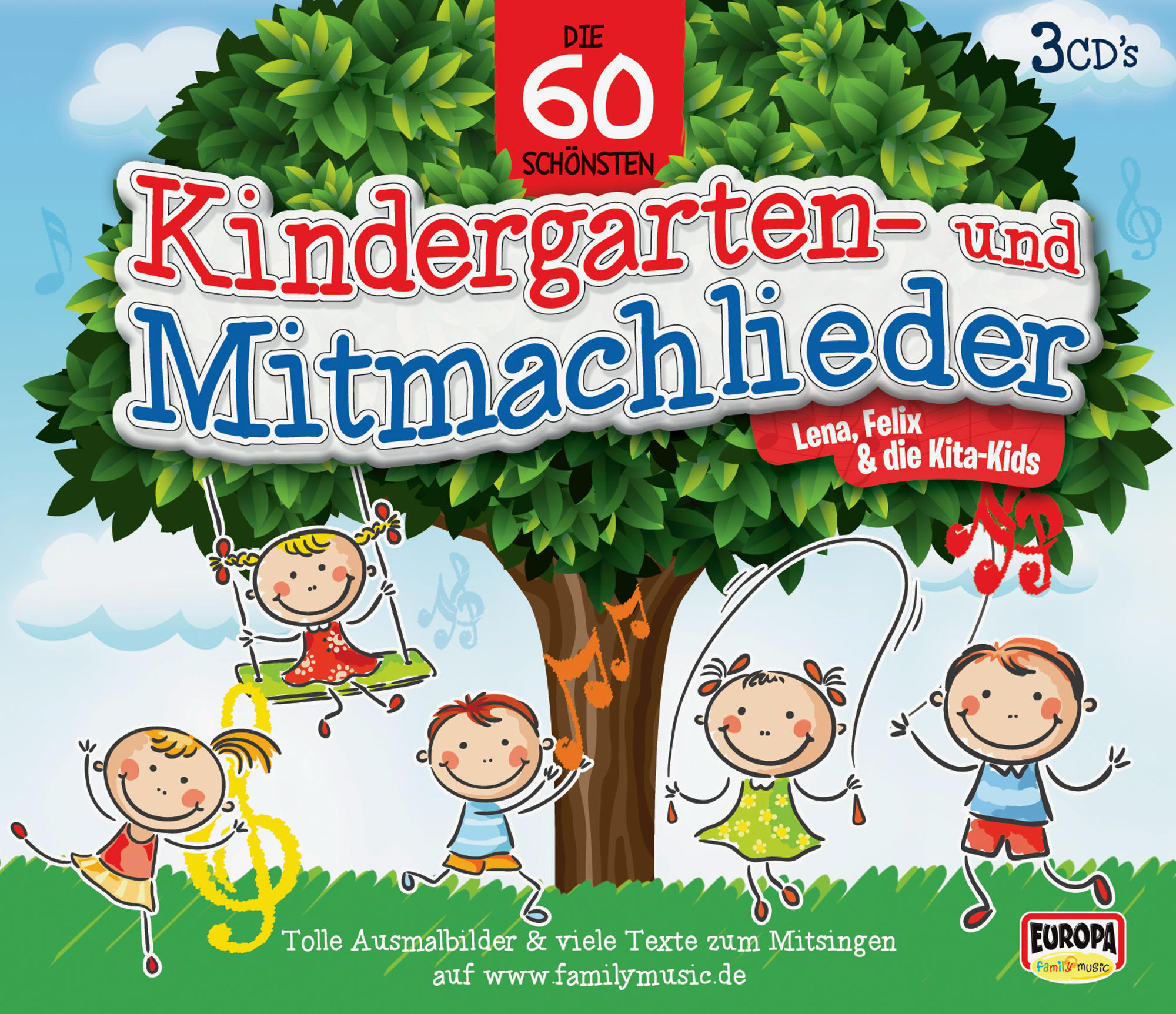 Albumcover mit Cartoon-Kindern um einen Baum. Deutscher Titel: 'Kindergarten- und Mitmachlieder'.