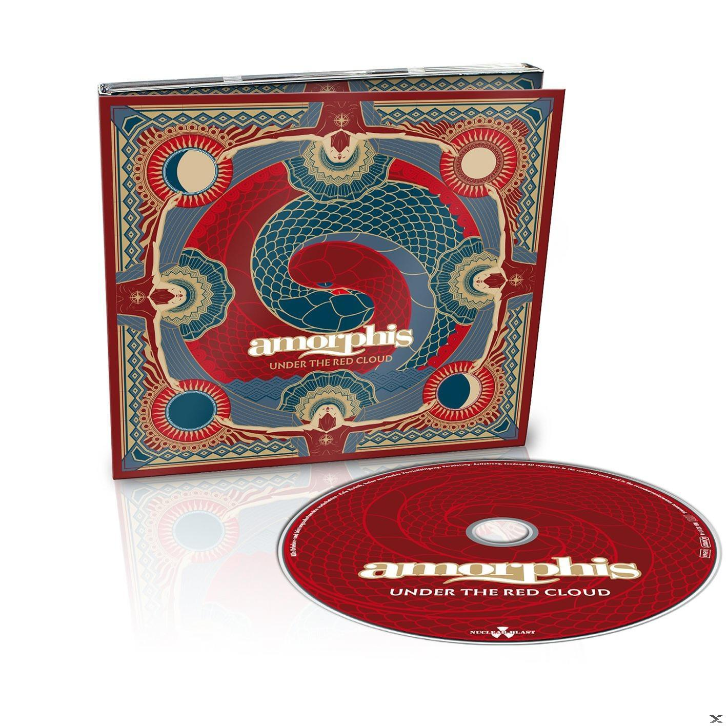 CD-hoes met een rood en blauw patroon. De cd is rood met witte tekst.