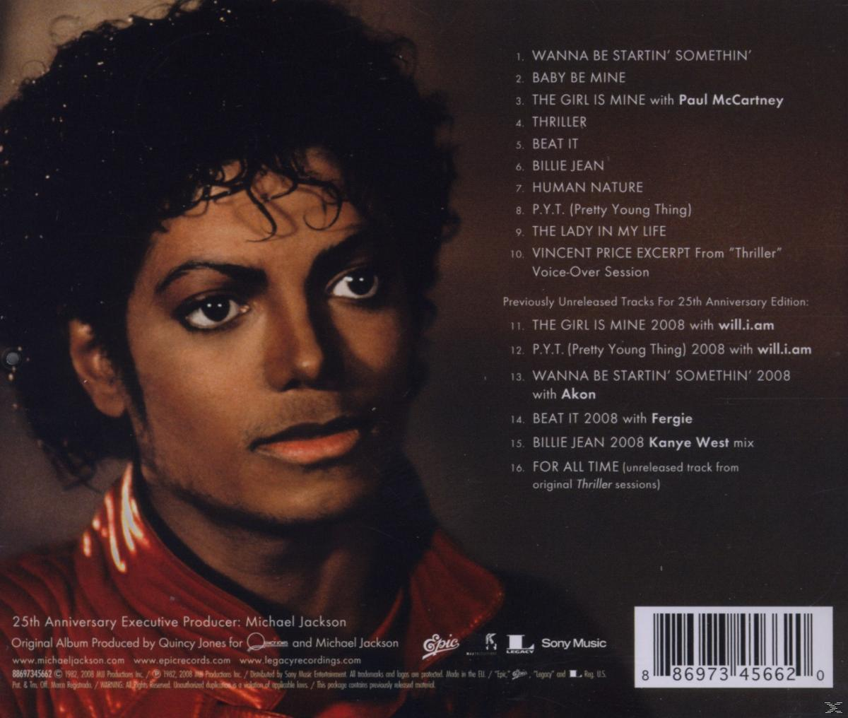 Michael Jackson Albumcover. Jacksons Gesicht ist zentriert, mit Songtiteln und Künstlernamen rechts aufgeführt.