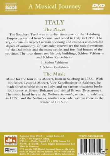 DVD-Cover mit Text über Italien. Die Musik stammt von Mozart. Hintergrund mit Landschaft und Gebäude.