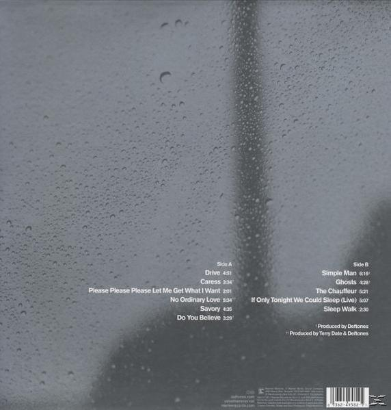 Album-Rückseite mit einem regennassen Fenster und Songtiteln, die links aufgelistet sind.
