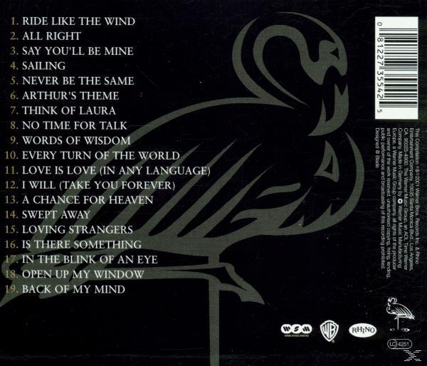Album-Rückseite mit Schwan-Illustration und Songtiteln auf schwarzem Hintergrund.